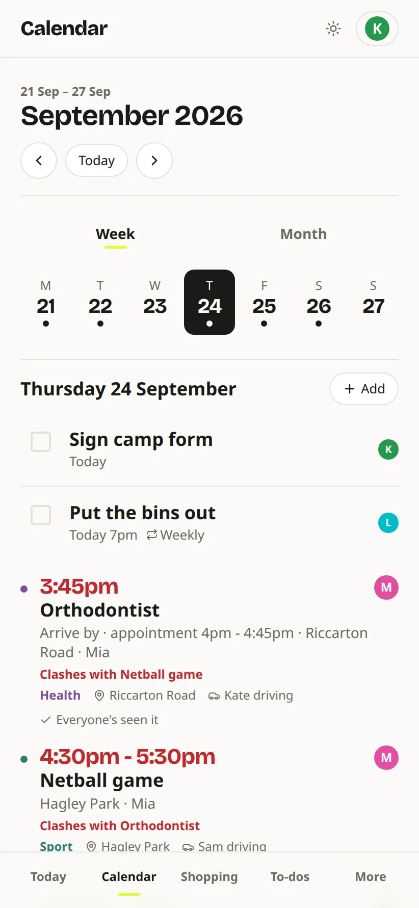 The Calendar on Thursday: the orthodontist at 3:45 and netball at 4:30 both marked as clashing, each showing who is driving.