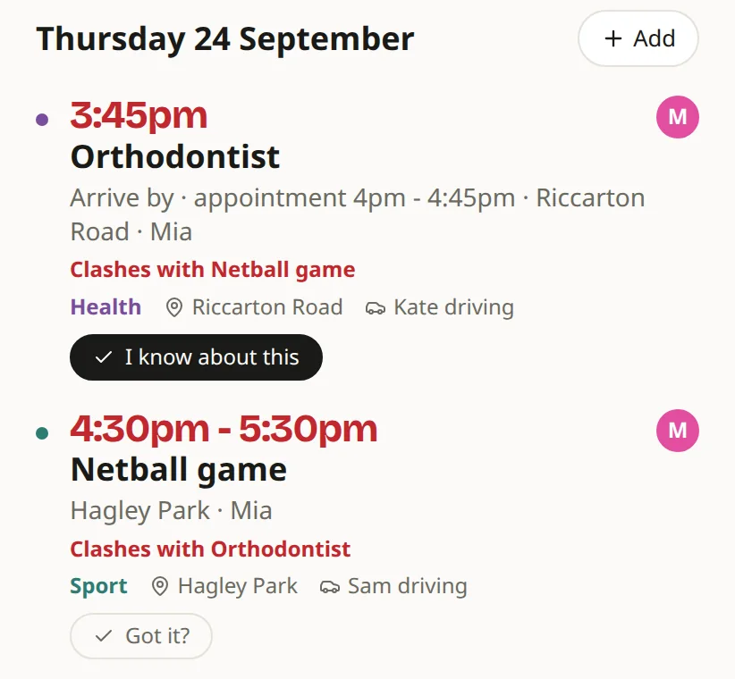 Mia's Thursday: the orthodontist and netball, with buttons to say she knows about them. No present.