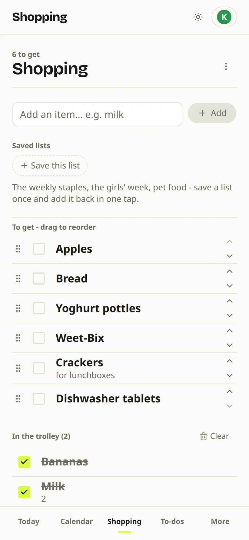 The shopping list in the order the household keeps it: apples, bread, yoghurt pottles, crackers and Weet-Bix.
