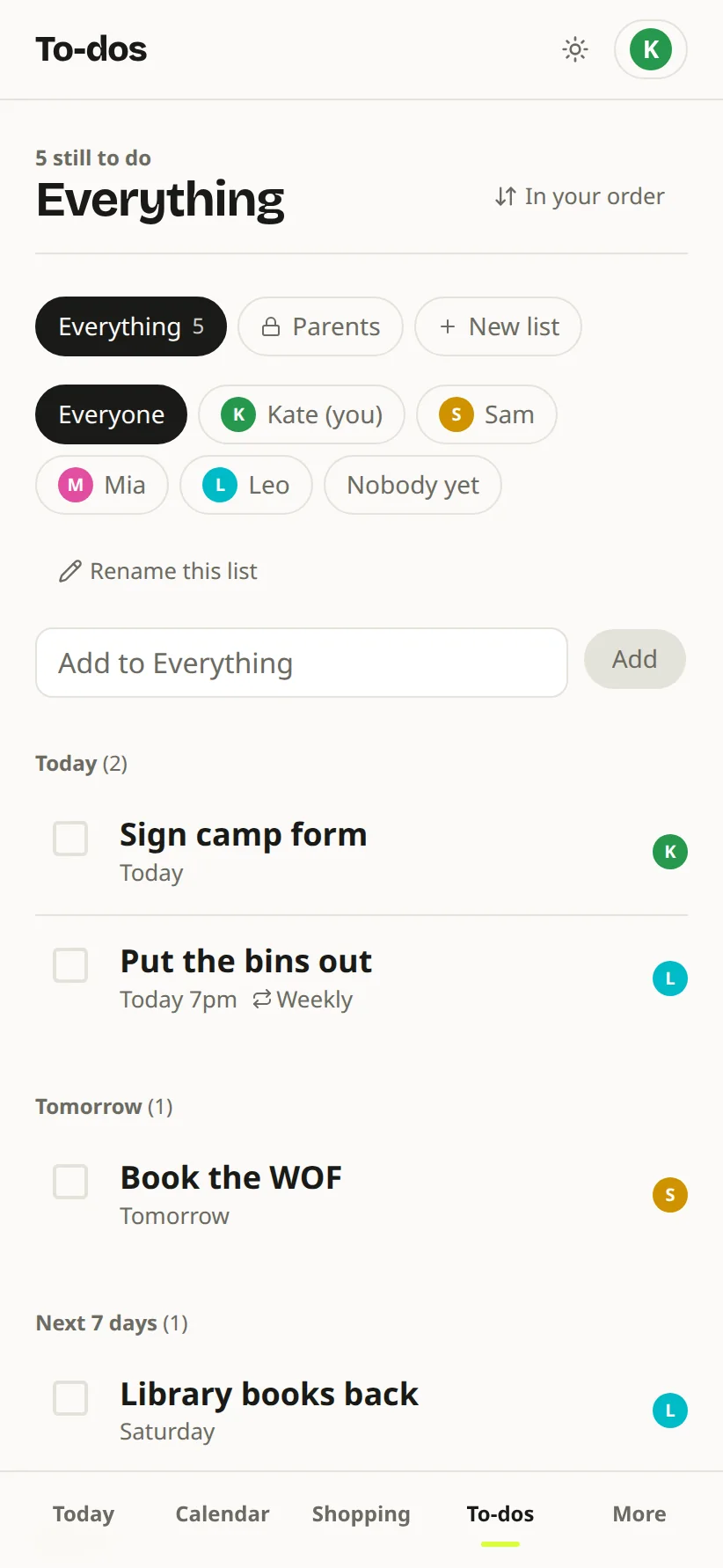 The to-do list: two jobs due today, one tomorrow and one on Saturday, each with who is doing it.